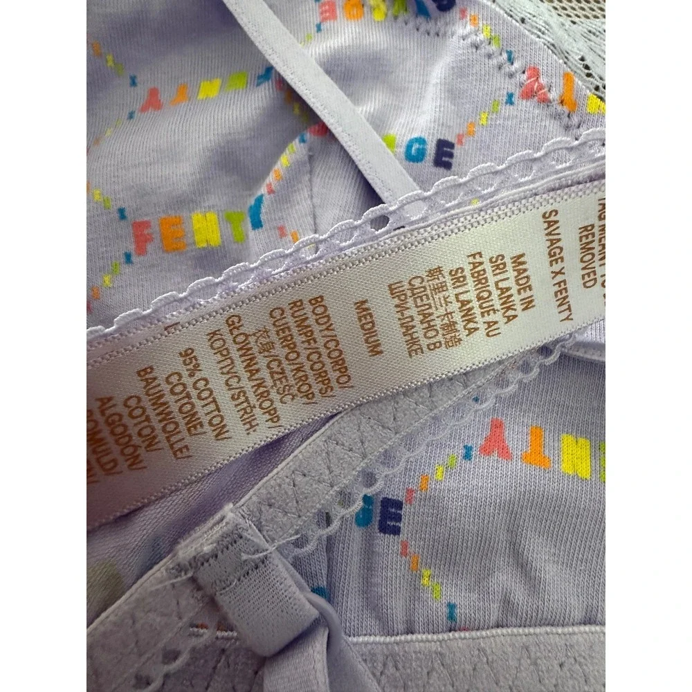 Savage X Fenty Lavender Rainbow Logo Print Cotton Bralette Size M Lace NWT